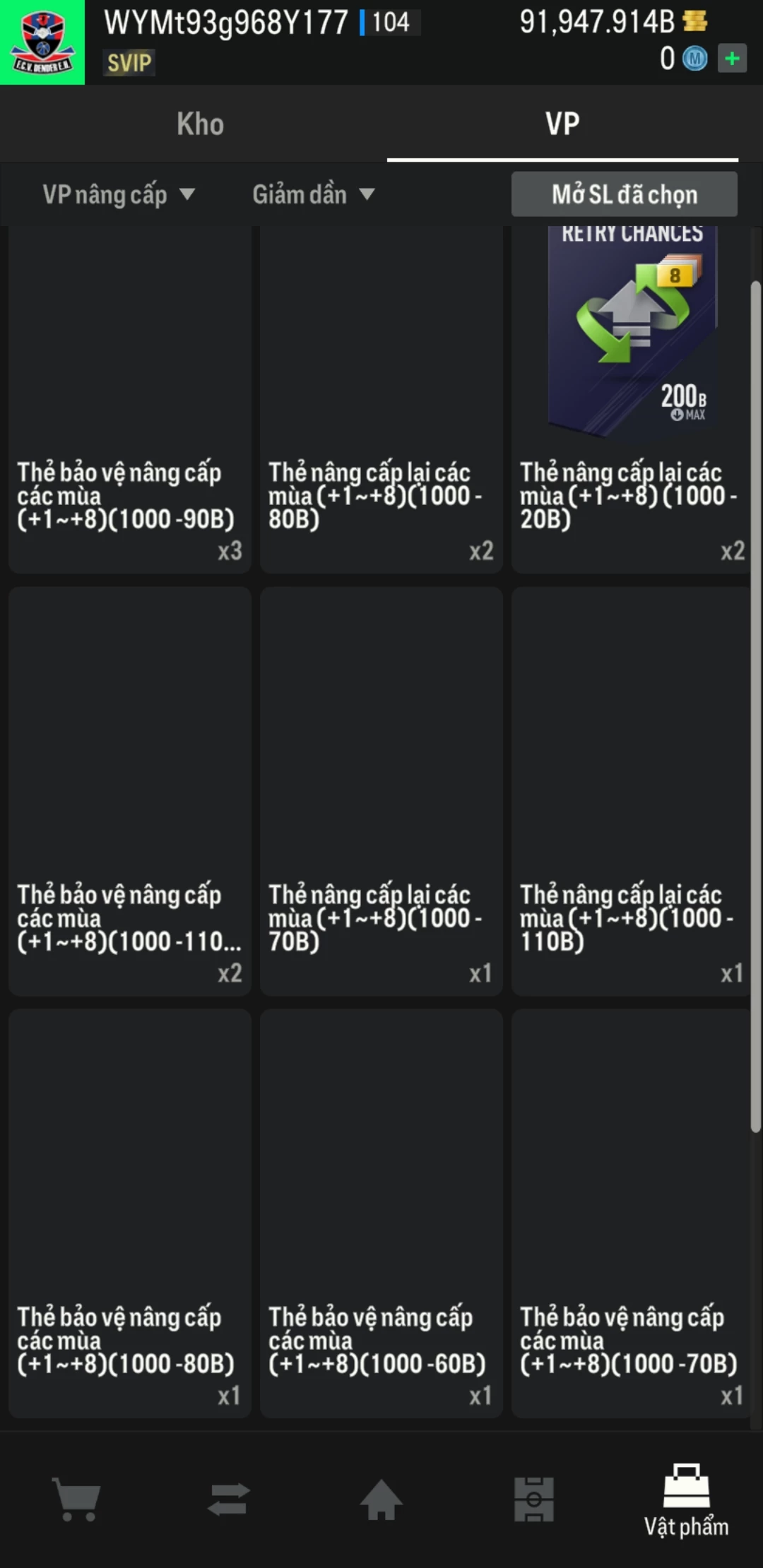 Ảnh ACC mở thẻ (LOẠI SUPER VIP) bao gồm có hơn 900+ đến 1100+ thẻ cầu thủ từ Siêu sao đến Miền núi các loại (ngẫu nhiên có: 01 thẻ +12 và 03 thẻ PRIME QH, XS, CP...) Acc có sẵn BP trắng từ 80.000 tỷ BP đến 120.000 tỷ BP kèm theo nhiều ngày SVIP